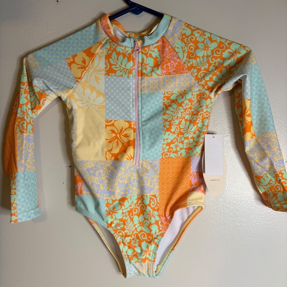 Ocean Pacific Kids Girls Size 6 Orange Patchwork Floral Rash Guard Swimsuit NWT